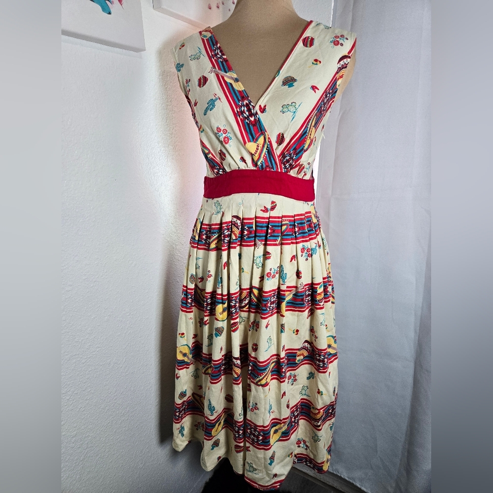 Bettie Page Cream and Red Patterned Midi Dress